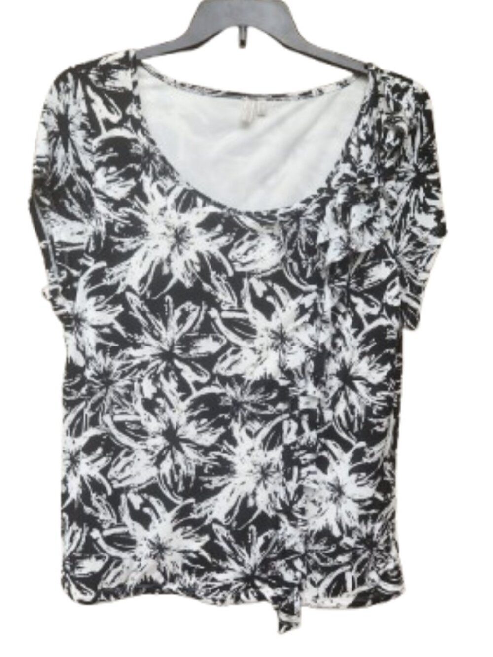 Madison Plus Abstract Floral Print Blouse Black White Applique Accent Mesh